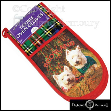 Double Oven Gloves Scottish Tartan Westie Dogs Cotton
